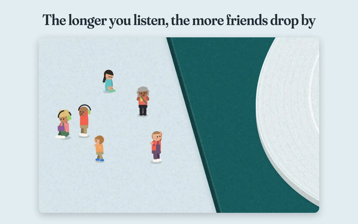 Caption “The longer you listen, the more friends drop by”: six small visitors stand, sit and wave on the desk beside the turntable