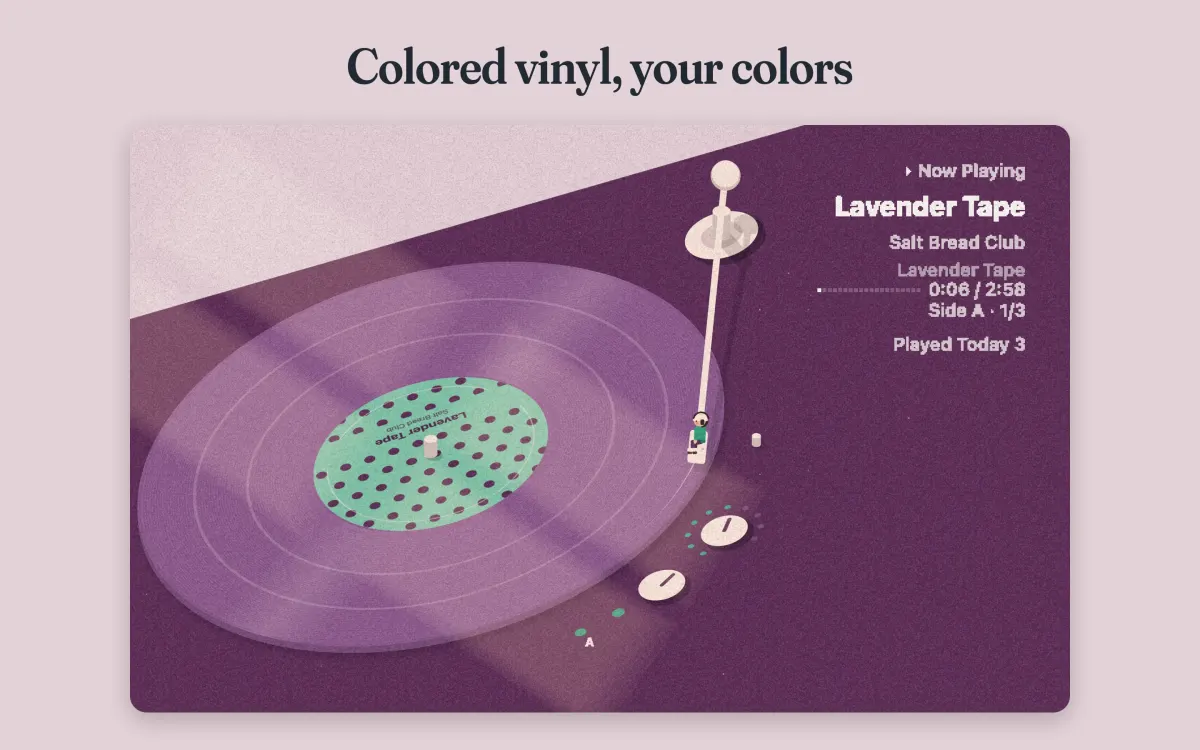 Caption “Colored vinyl, your colors”: a purple colored vinyl record with a mint label, the record placed on the left
