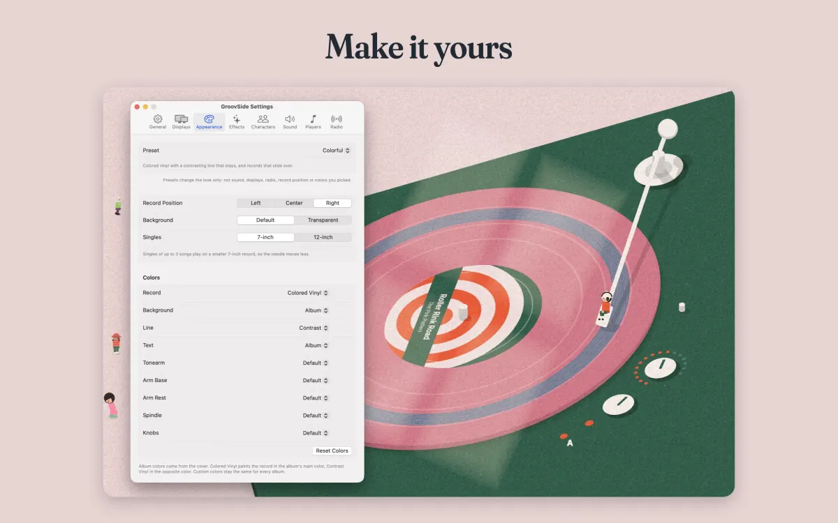 Caption “Make it yours”: the GroovSide Settings window on the Appearance tab next to a pink record