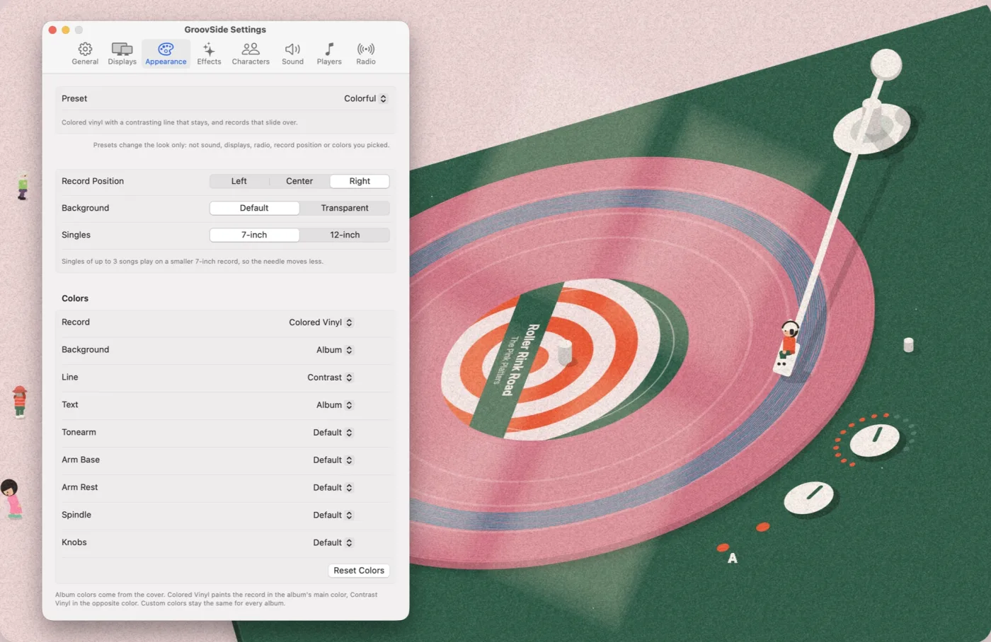 The GroovSide Settings window on the Appearance tab with the Colorful preset, next to a pink colored vinyl record with a contrasting blue line