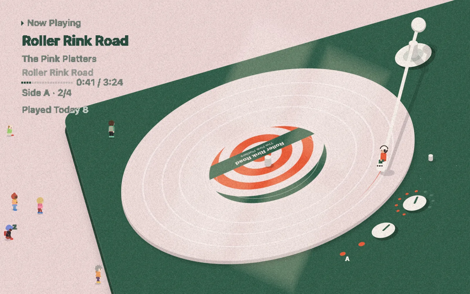 Pink and green scene with a cream record and visitors around the turntable