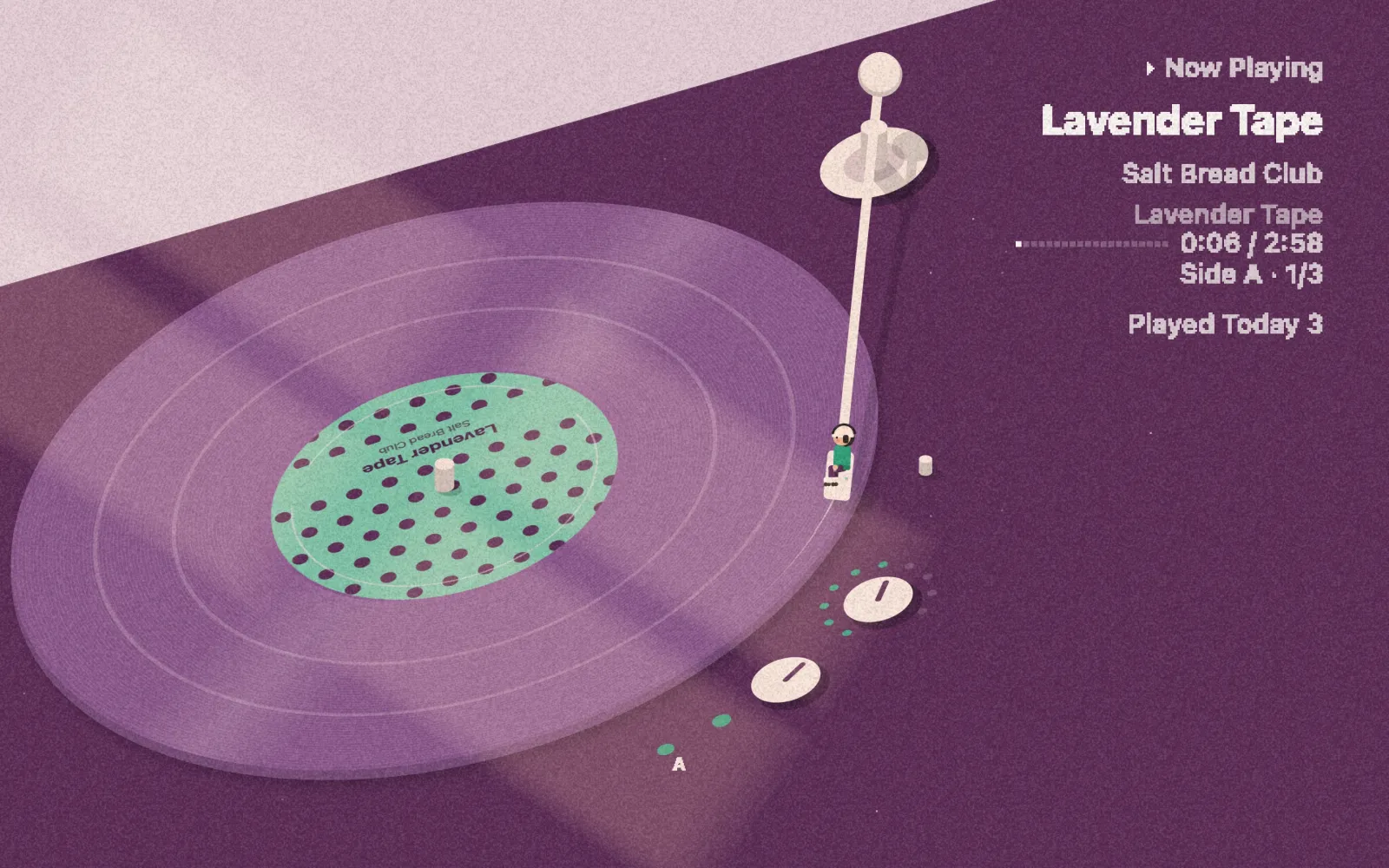 Purple colored vinyl with the record on the left and song details on the right